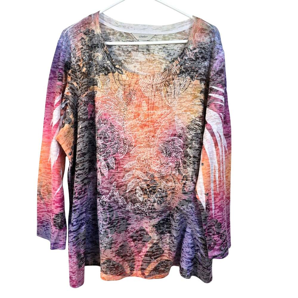 CJ Banks Top Women's 2X Pink Multi Abstract Rhinestone Coastal Casual Festival